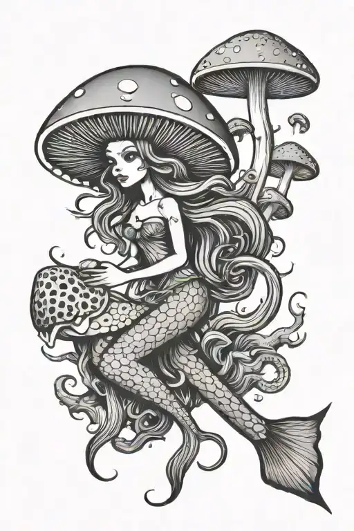 Creepy Mushroom Mermaid Simple Lines