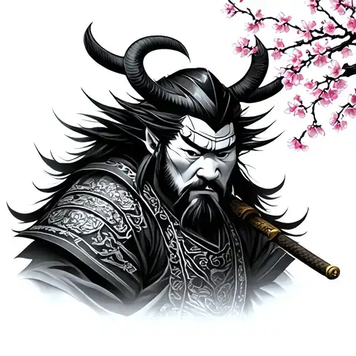 Samurai Oni With Cherry Blossom Tree