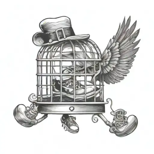 Bird With Hat And Shoes On In A Cage With Music Notes