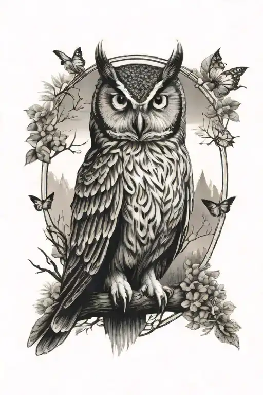 Owl And Butterflies In Forest Landscape