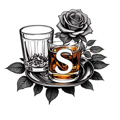 Ash Tray With S And Whiskey Glass And Rose