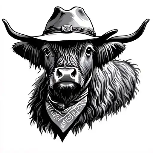 Simple Highland Cow Wearing Cowboy Hat And Bandana On Neck