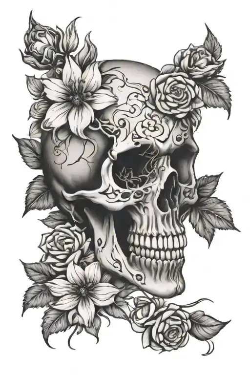 Skull Broken Black And Grey Sleeve Flowers Intertwined