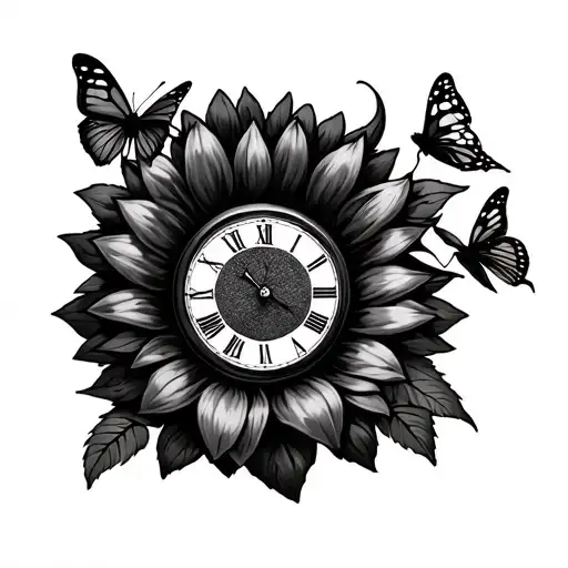 Sunflower And Butterflies With A Clock