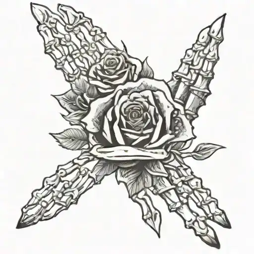 Skeleton Fingers On Hand With Rose And Cross