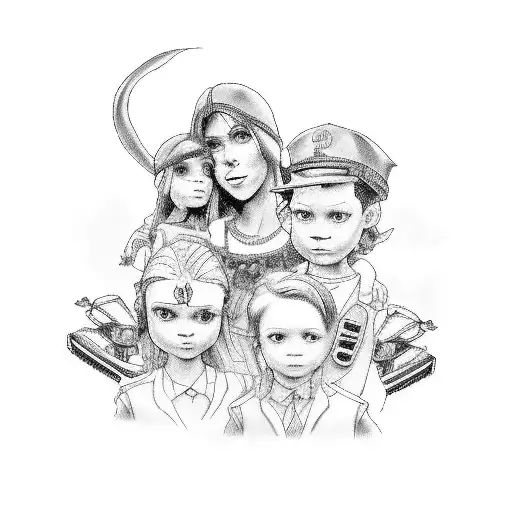 A Stylized Portrait Of Your Wife And Children Surrounded By Motorcycles And A Truck