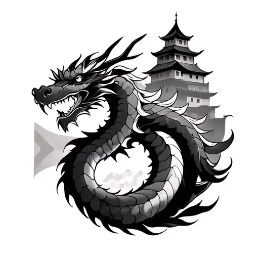 Japanese Dragon And Flag And Castle