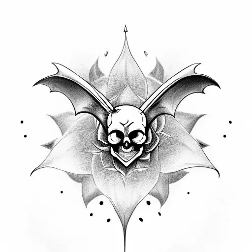 A Skull With A Lotus Growing From It And A Bat Taking Flight