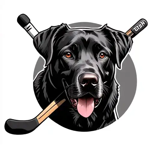 Black Lab Holding Hockey Stick
