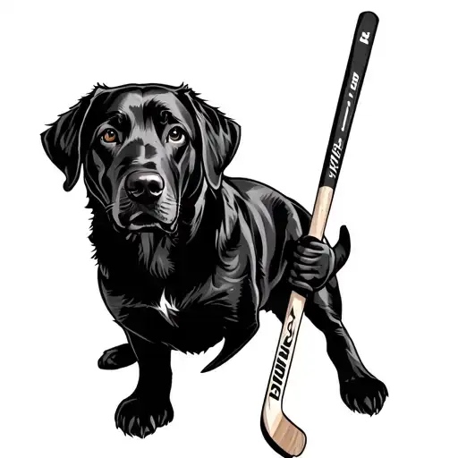 Black Lab Holding Hockey Stick