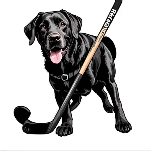 Black Lab Holding Hockey Stick