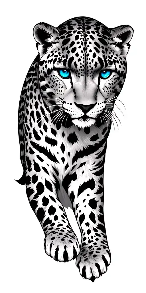 Snow Leopard With Blue Eyes On Shoulder