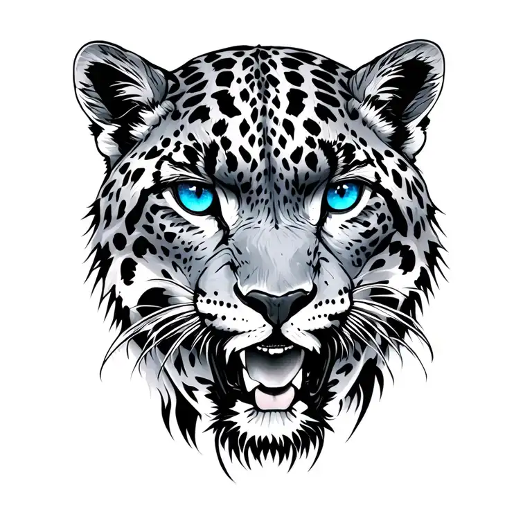 Snow Leopard With Blue Eyes On Shoulder