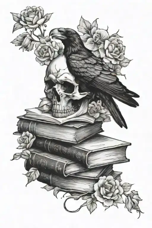 Raven Skull On A Stack Of Books Surrounded By Flowers And Spider Webs