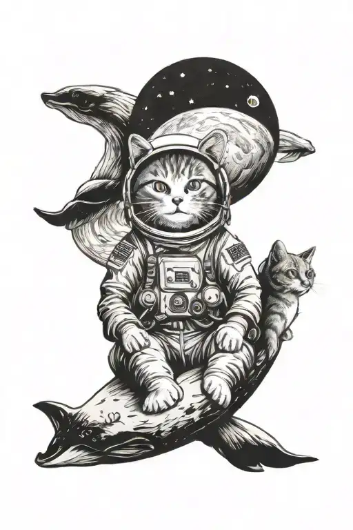 Astronaut Cat Sitting On The Moon With Whale Facing The Cat