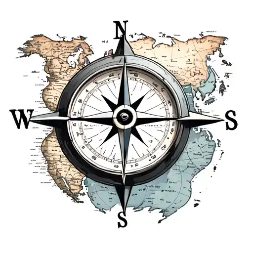 Compass Travel Themed Tattoo Featuring Clock Map
