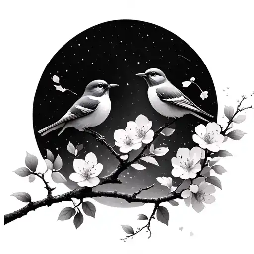 Cherry Blossom Branch With Birds And Heavenly Garden In The Background