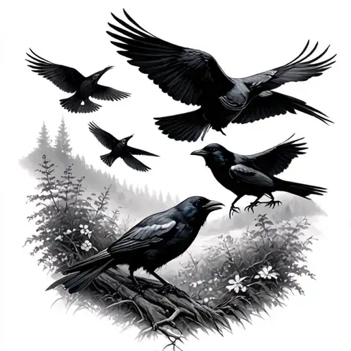 Crows Flying Through Nature Scene As A Band