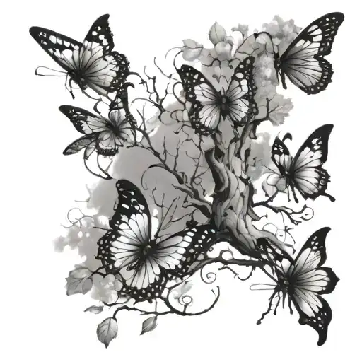 Butterflies Flying Around A Tree