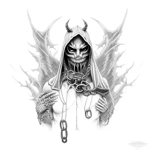 Hooded Demon Biting Into A Heart Wrapped In Chains