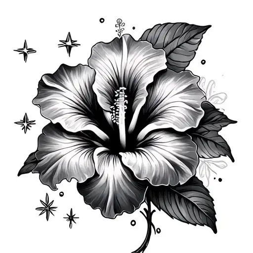 Hibiscus Flower And Stars Fine Line Tramp Stamp