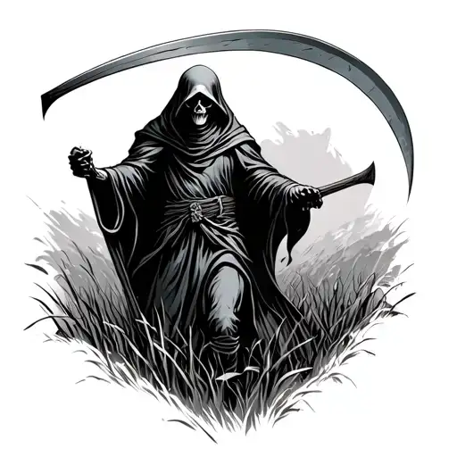 Grim Reaper Holding A Scythe Walking Through Field