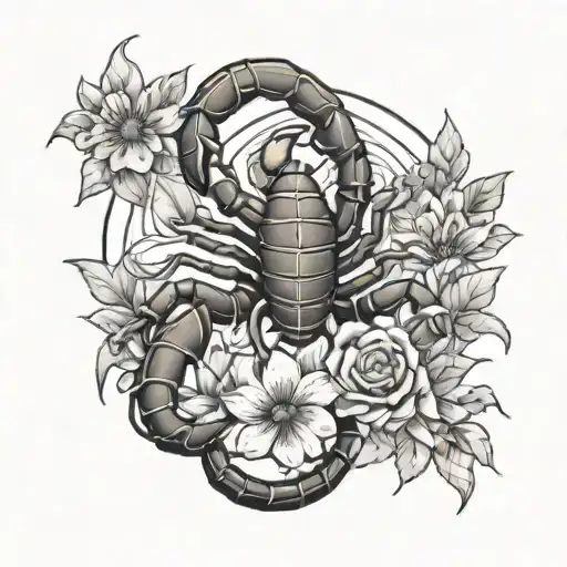A Black Ink Tattoo Of An Scorpion With Flowers And Astrology Symbols