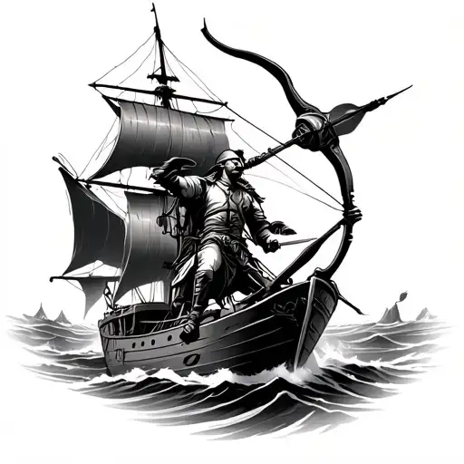 Sagittarius Archer Riding And Propeller Ship Sailing Through Stormy