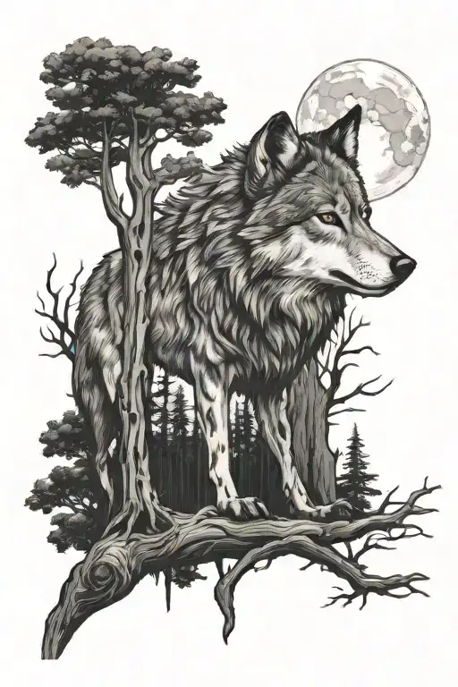 Wolf And Dark Wood Tree Night