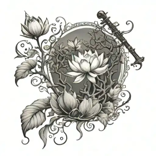A Lotus Flower Blooming Into A Tree Of Life With Musical Instruments Hidden In The Branches