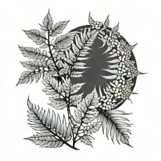 Bold Ferns And Sun Tattoo Design