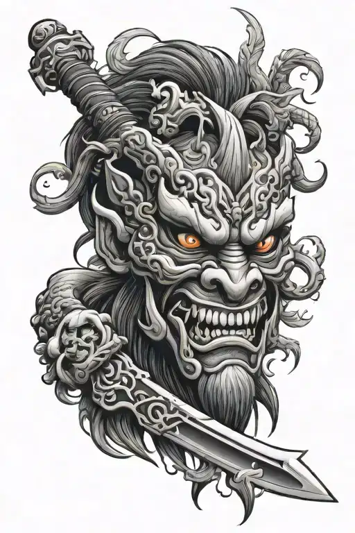 Japanesse Mask Oni Mask With Sword And Phenix And Birds And Tree
