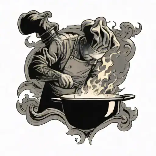 A Detailed Black-grey Tattoo Of A Chef Cooking Over A Fire