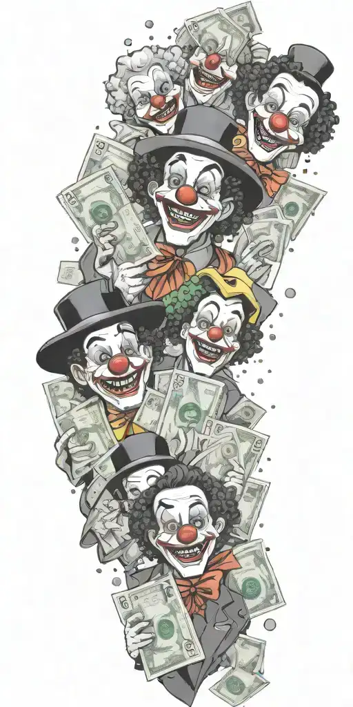 A Group Of Friends Dressed Up As Clowns With Money Raining Down On Them