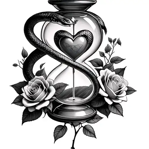 Snake Wrapped Around A Hour Glass With A Heart Inside And Roses Around It
