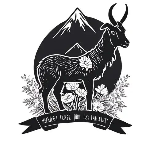 Simple Goat Outline With Flowers And Mountain Range