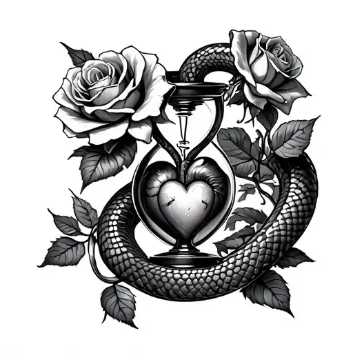 Snake And Roses Wrapped Around An Hour Glass With A Human Heart In It