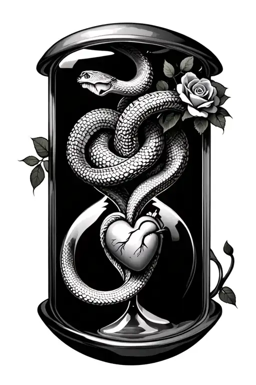 Snake And Roses Wrapped Around An Hour Glass With A Human Heart In It