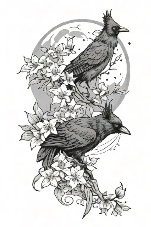 Cresent Moon With Cat And Raven With Cherry Blossoms And Lilies