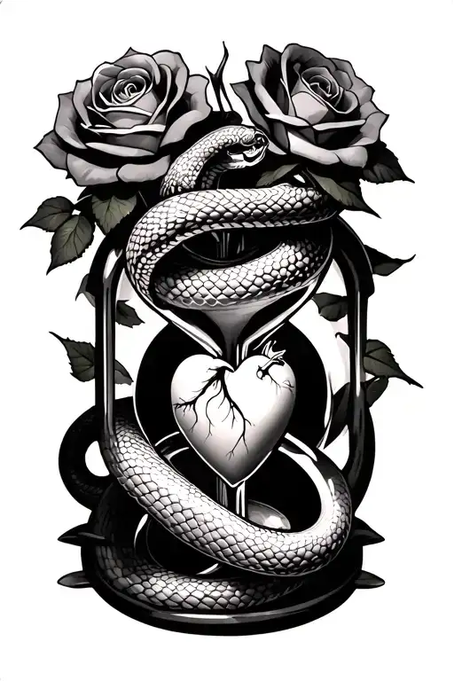 Snake And Roses Wrapped Around An Hour Glass With A Human Heart In It