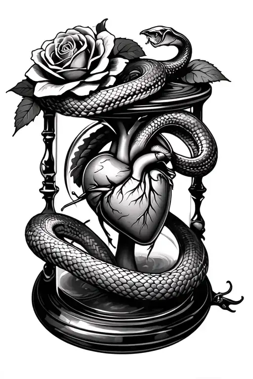 Snake And Roses Wrapped Around An Hour Glass With A Human Heart In It