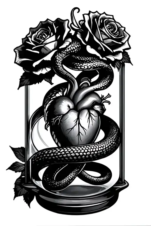 Snake And Roses Wrapped Around An Hour Glass With A Human Heart In It