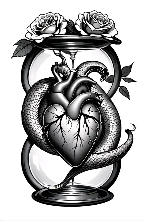 Snake And Roses Wrapped Around An Hour Glass With A Human Heart In It