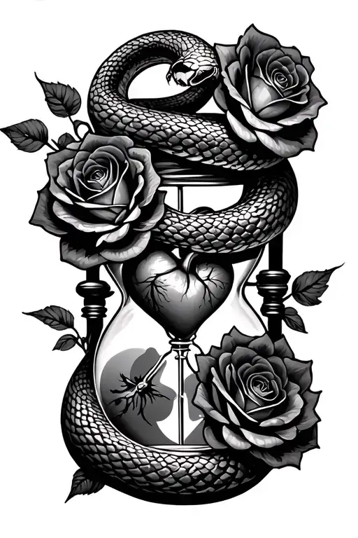 Snake And Roses Wrapped Around An Hour Glass With A Human Heart In It