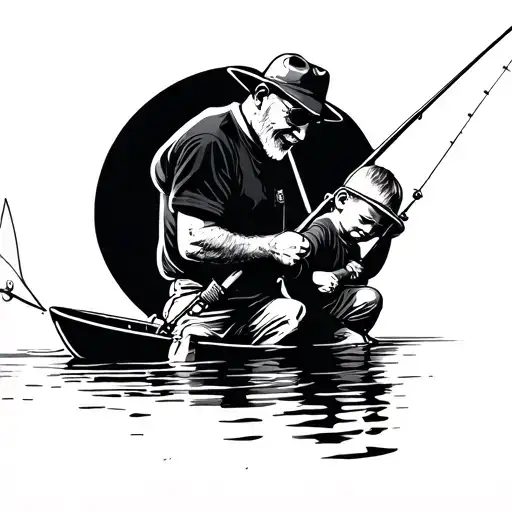 Grandpa And Grandson Fishing On A Doc