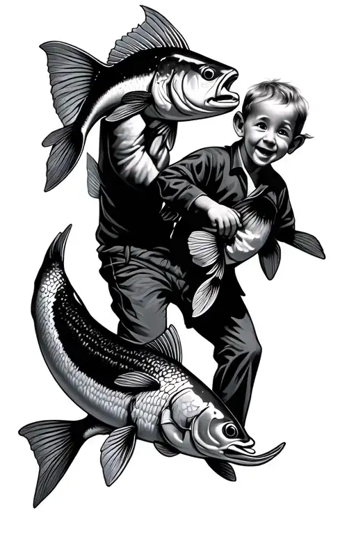 Grandpa And Grandson Fish Jumping