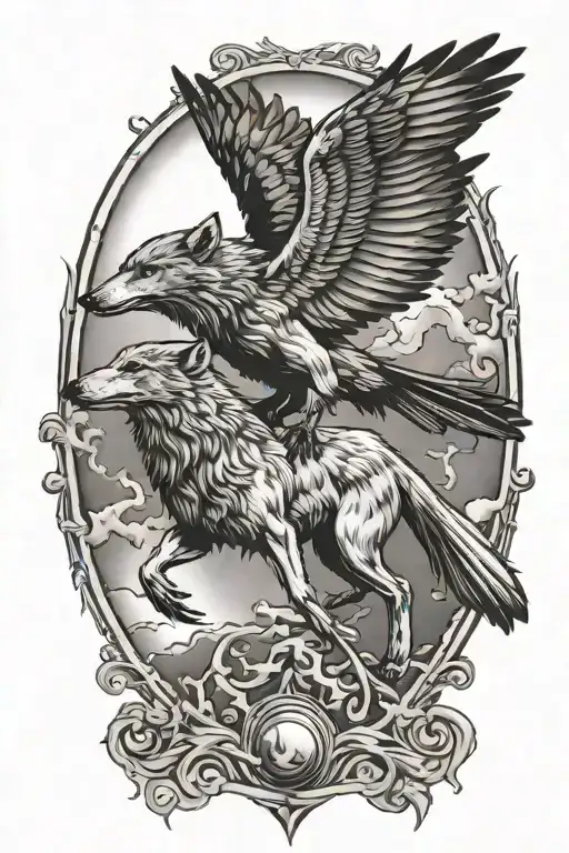 Wolf And Raven Flying