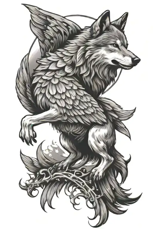Wolf With Raven Flying Away