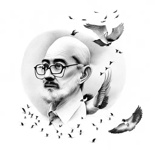 A Black And Grey Portrait Of A Teacher Holding A Paintbrush And Surrounded By Flying Birds