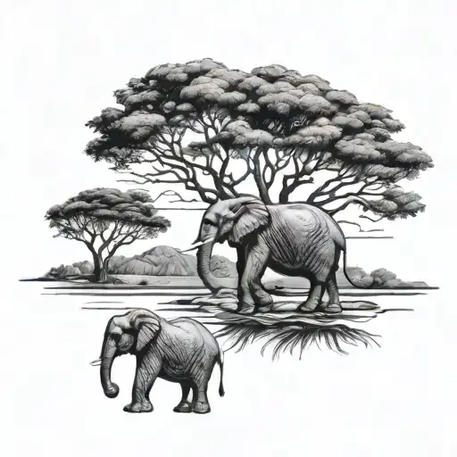 Elephant And Acacia Tree